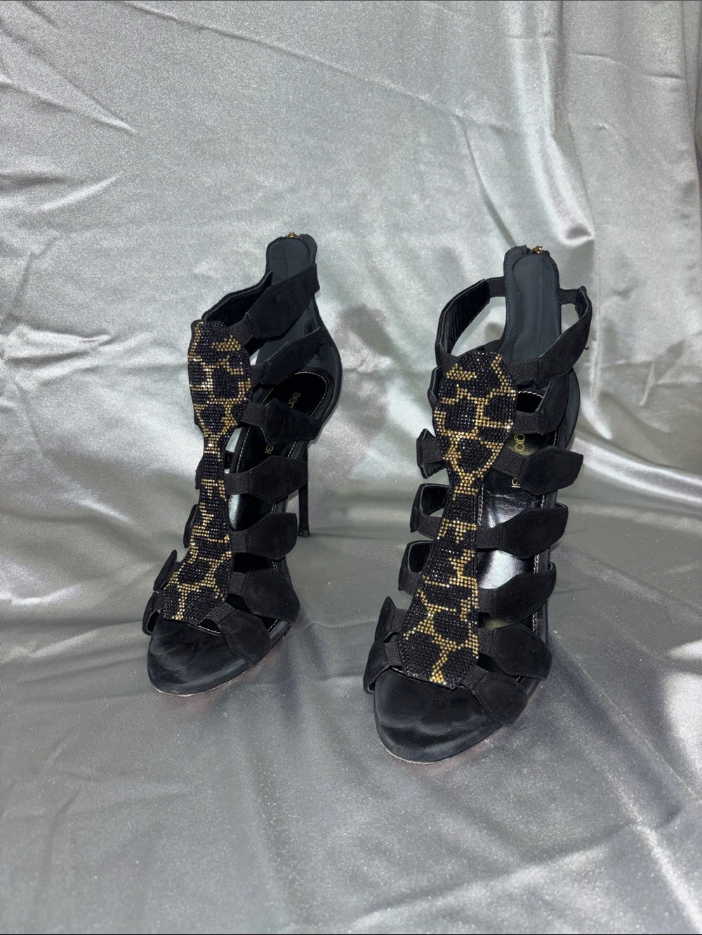 Sergio Rossi Black High-Heel Strappy Sandals with Gold Beaded Accent
